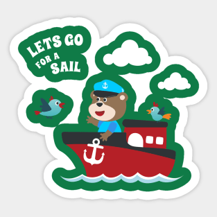 Cute bear the animal sailor on the boat with cartoon style. Sticker